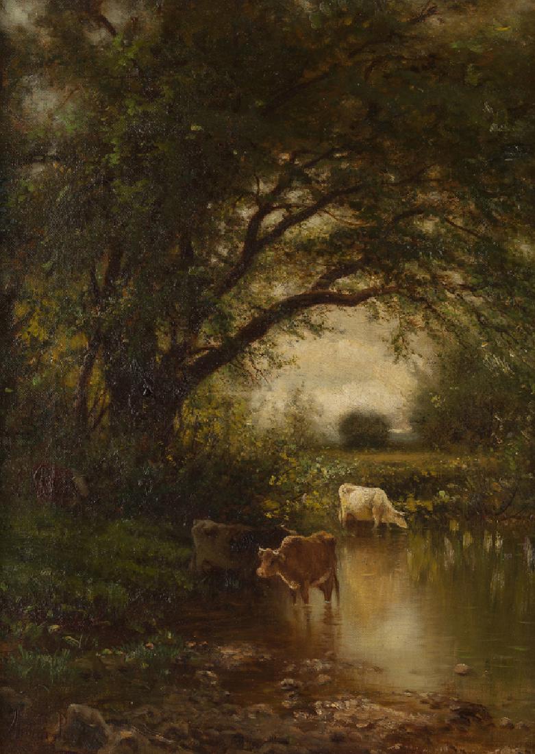 Arthur Parton NA (1842 - 1914 New York, NY): Cows watering Oil on canvas Signed lower left: Arthur Parton 18" H x 13" W Provenance: Private Collection, Los Angeles, CA. Notes: Framed size: 29" H x 24" W x 3.5" D.