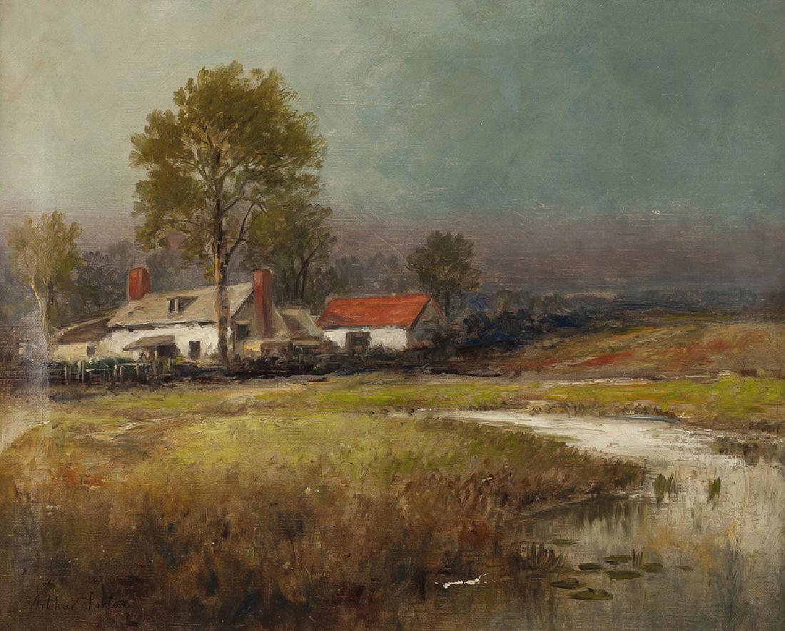 Arthur Parton NA (1842 - 1914 New York, NY): House in a landscape with pond Oil on canvas Signed lower left: Arthur Parton 16" H x 20" W Provenance: Private Collection, Los Angeles, CA. Notes: Framed size: 20" H x 24" W x 2" D.