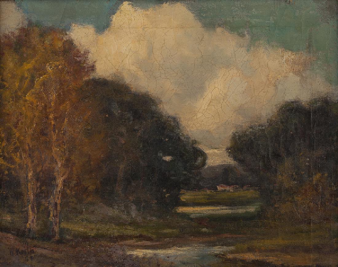 Attributed to William Keith (1838 - 1911 Berkeley, CA): Landscape with trees and pond Oil on canvas Bears signature and inscription lower left: W. Keith / S.F. 14" H x 18.25" W Provenance: Estate, Studio City, CA. Notes: Framed size: 21" H x 25" W x 3" D.