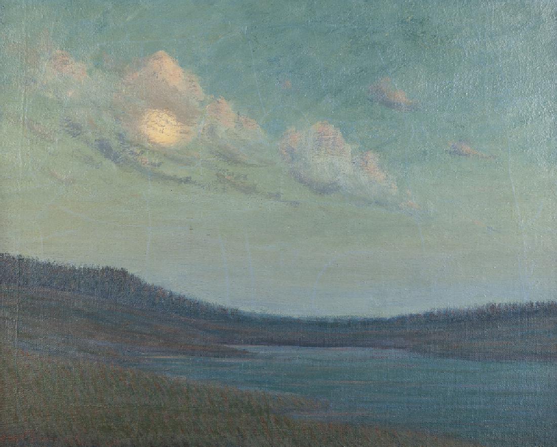 Ernest Browning Smith (1866 - 1951 Los Angeles, CA): Moon over a marsh landscape Oil on canvas laid to canvas Signed and dated lower left: Ernest Browning Smith / 1928 24" H x 30" W Provenance: Private Collection, Altadena, CA. Notes: Framed size: 31" H
