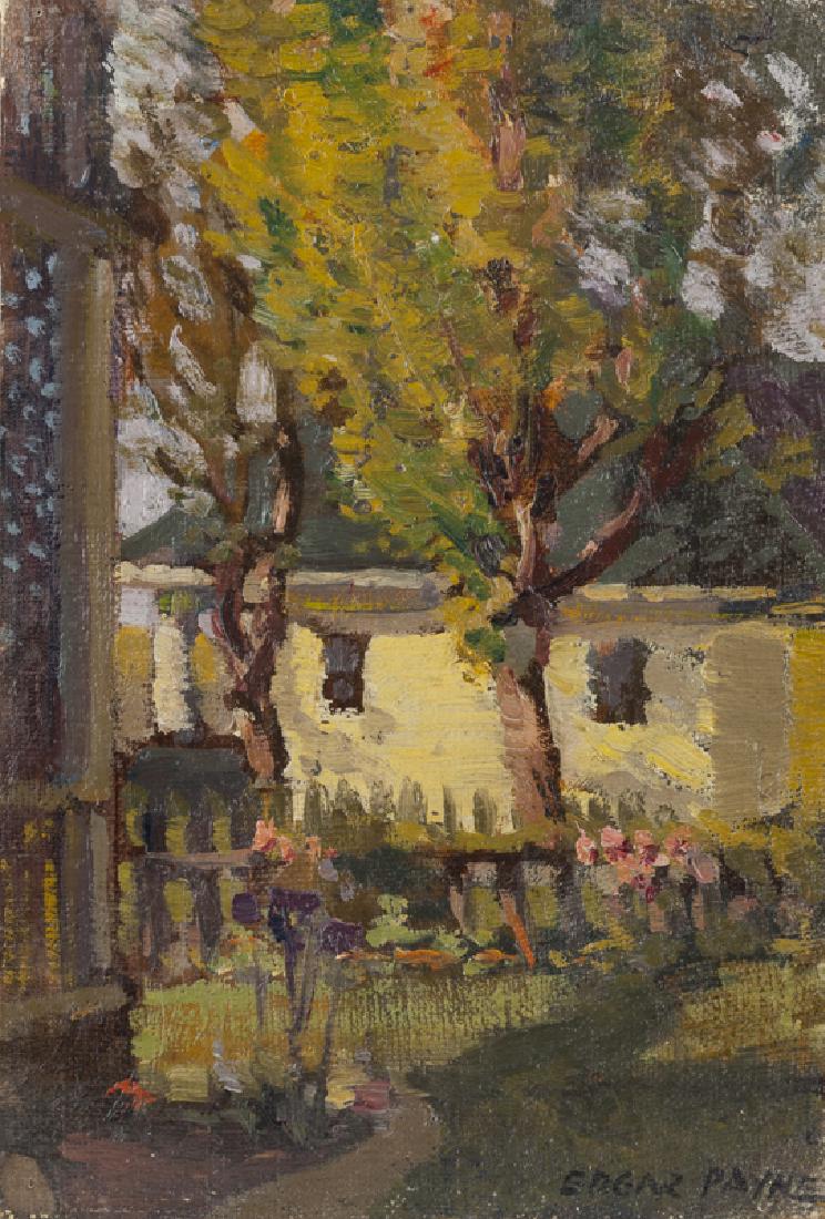 Edgar Alwin Payne (1883 - 1947 Hollywood, CA): "Laguna Cottage" Oil on canvas laid to board Signed lower right: Edgar Payne, titled on the frame plaque 8.5" H x 6" W Provenance: David and Sons Fine Arts, Laguna Beach, CA; Private Collection, Mansf
