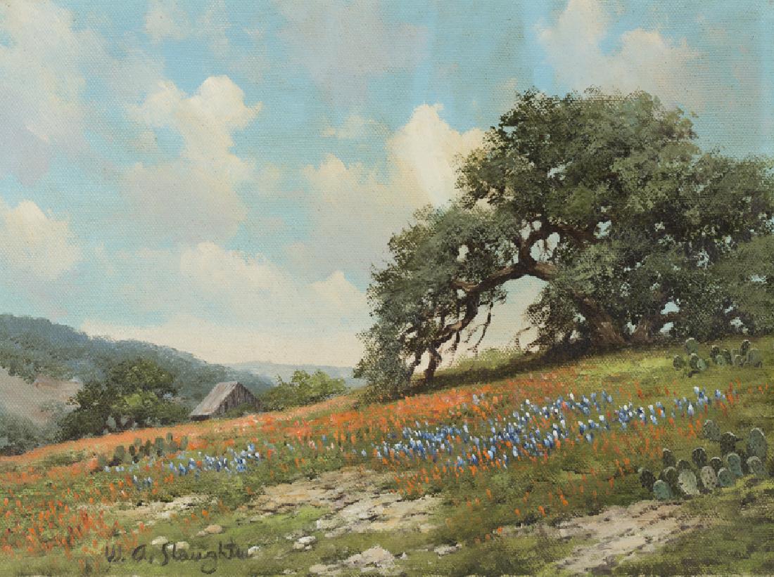 William A. Slaughter (1923 - 2003 Dallas, TX): Field with flowers and cactus Oil on canvas Signed lower left: W.A. Slaughter, numbered and inscribed on the stretcher: #6 / Painted with Paintbrush 9" H x 12" W Notes: Framed size: 17" H x 20" W x 2"