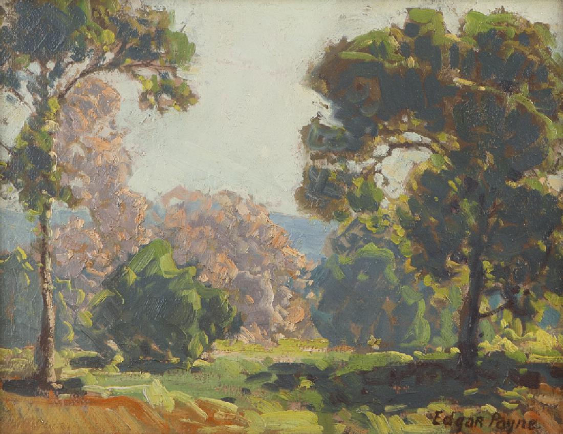 Edgar Alwin Payne (1883 - 1947 Hollywood, CA): Spring landscape with trees Oil on board Signed lower right: Edgar Payne, signed again verso 12" H x 16" W Provenance: with, Southby Salon, Los Angeles, CA; G. Breitweiser, Studio 2, Santa Barbara, CA