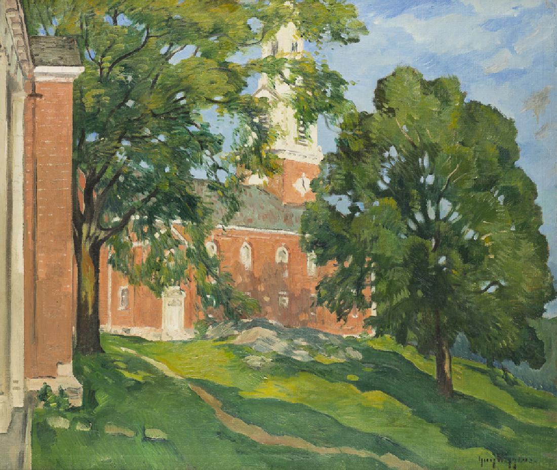 Guy Carleton Wiggins NA (1883 - 1962 New York, NY): "Church at Storrs" Oil on canvas Signed lower right: Guy Wiggins, signed again and titled verso 34" H x 40" W Provenance: Private Collection, Beverly Hills, CA. Notes: A photocopy of a hand-written le