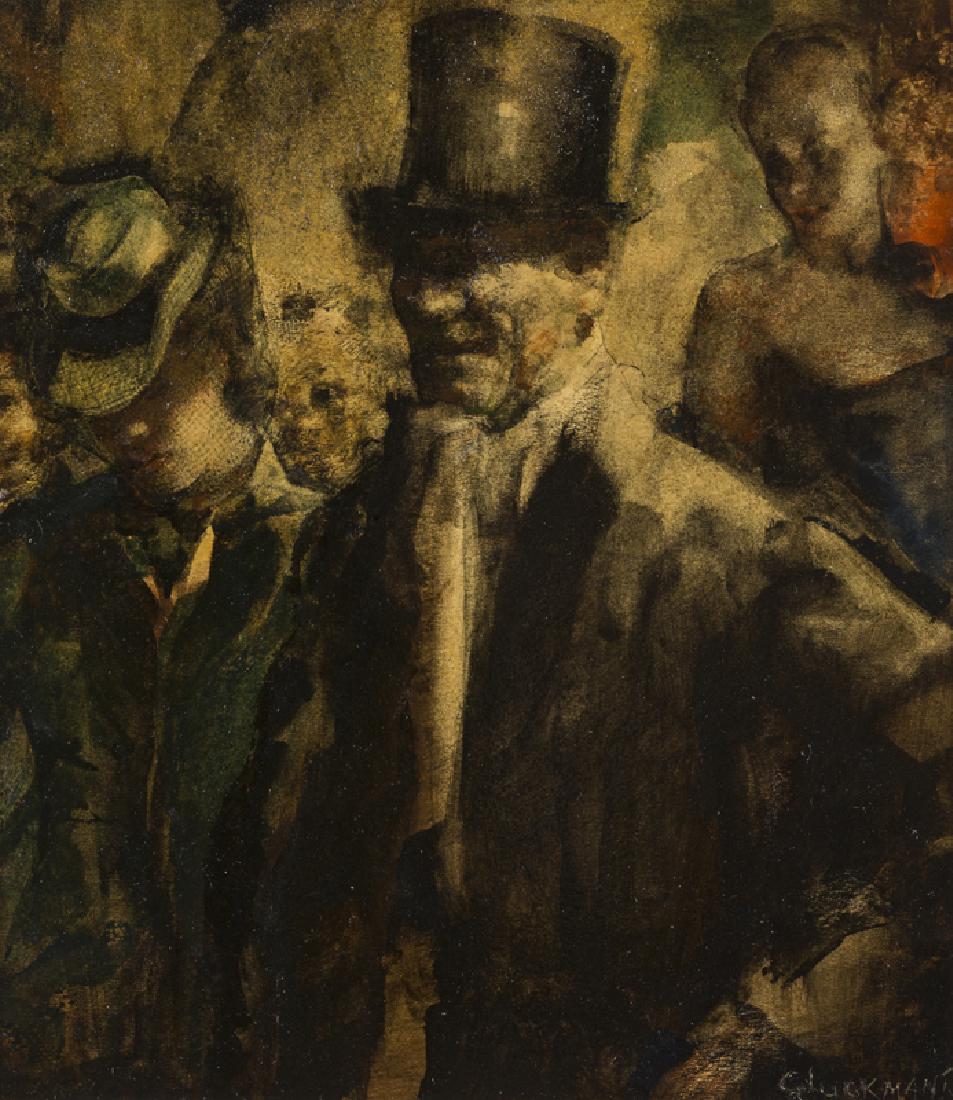Grigory Gluckmann (1898 - 1973 Los Angeles, CA): Figures at the opera Mixed media on paper laid to board under glass Signature incised lower right: Gluckmann Sight size: 10.75" H x 9.5" W Provenance: Private Collection, Los Angeles, CA. Notes: Paper