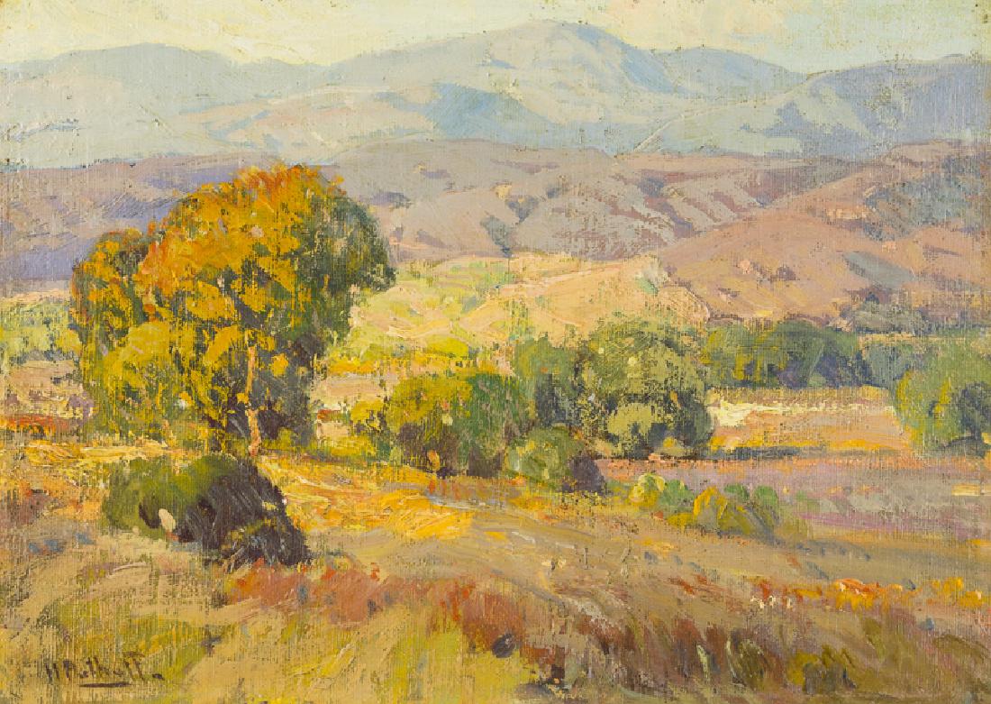 Hanson Duvall Puthuff (1875 - 1972 Corona Del Mar, CA): "Oaks and Hills" Oil on canvas laid to artist's board Signed lower left: H. Puthuff, titled verso 10" H x 14" W Provenance: Bluebird Gallery, Laguna Beach, CA. Notes: Framed size: 15.5" H x 19.5" W x