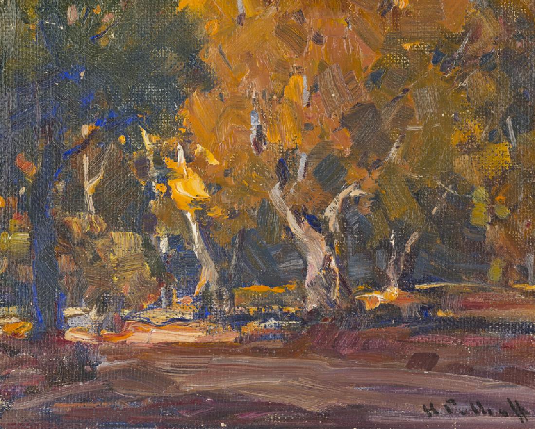 Hanson Duvall Puthuff (1875 - 1972 Corona Del Mar, CA): "Grove in Autumn" Oil on masonite Signed lower right: H. Puthuff, titled verso 8" H x 10" W Provenance: K. Nathan Gallery, La Jolla, CA. Exhibitions: Palm Springs Desert Museum, Palm Springs, CA, "Ame