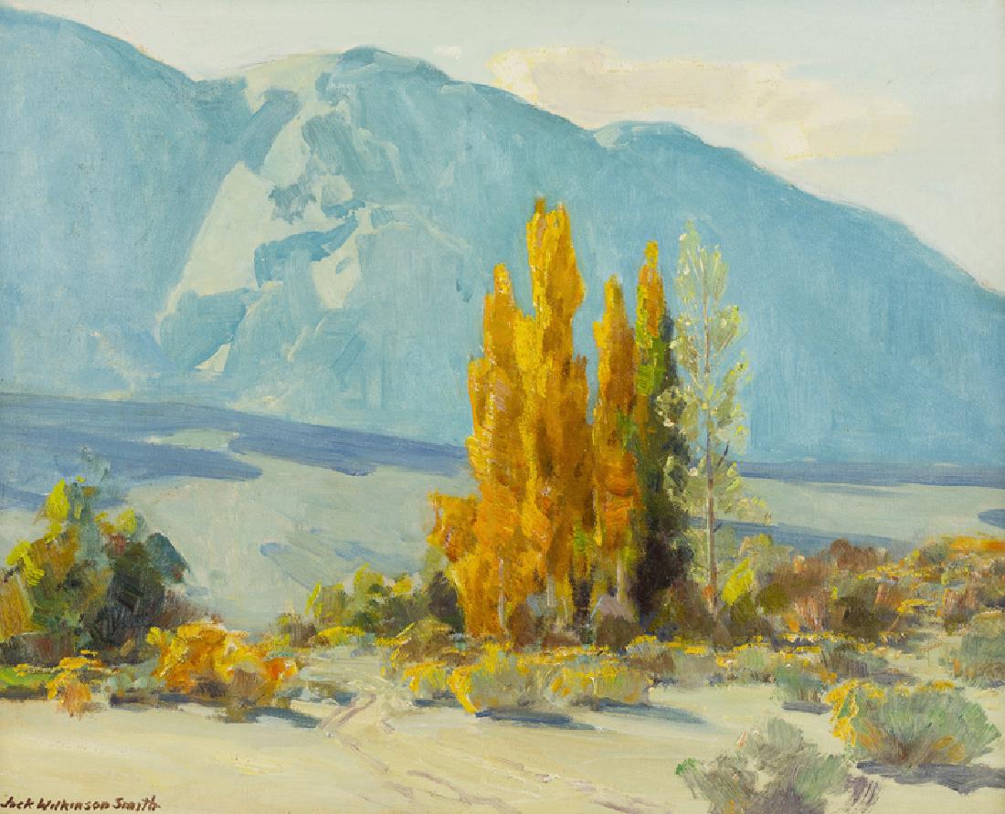 Jack Wilkinson Smith (1873 - 1949 Alhambra, CA): "Owen's Valley", trees in a landscape Oil on canvasboard Signed lower left: Jack Wilkinson Smith, titled on a gallery label affixed to the backing board 16" H x 20" W Notes: Framed size: 24.5" H x 28.