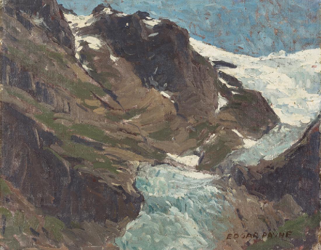 Edgar Alwin Payne (1883 - 1947 Hollywood, CA): Snow in the High Sierras Oil on canvas laid to board Signed lower right: Edgar Payne 12.5" H x 15.5" W Provenance: Private Collection, Pasadena, CA. Notes: Framed size: 19" H x 21" W x 1" D.