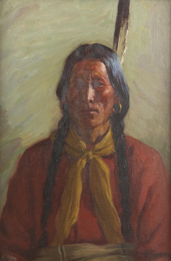 Joseph Henry Sharp (1859 - 1953 Taos, NM): "White Weasel", portrait of a Native American man Oil on canvas laid to board under glass Signed lower right: J.H. Sharp, titled verso Sight size: 17.5" H x 11.5" W Provenance: Purchased from Poulsen