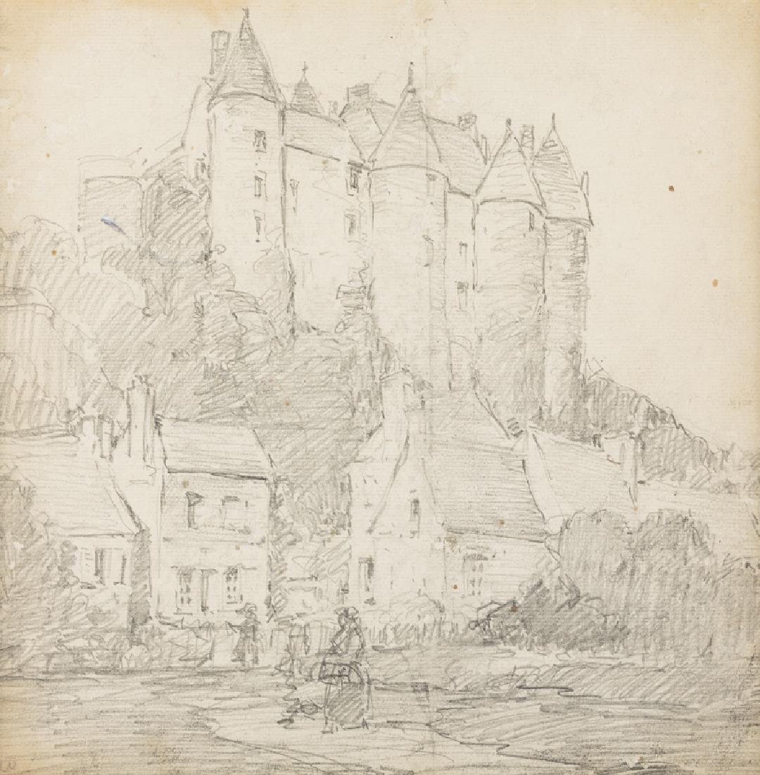 Edgar Alwin Payne (1883 - 1947 Hollywood, CA): "Chateau on the Way to Brittany" Graphite on paper laid to board under glass Unsigned, titled on a gallery label affixed to the backing paper Sight size: 10" H x 10" W Literature: E. Payne Hatcher, "T