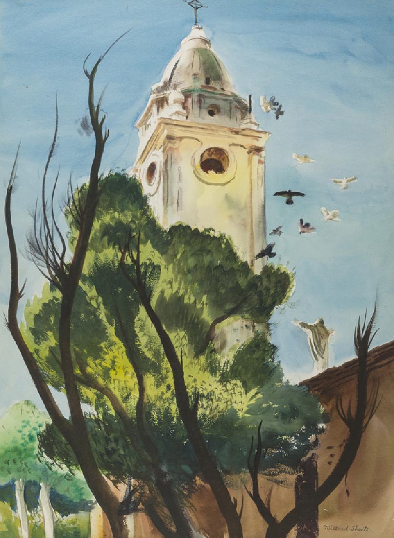 Millard Owen Sheets NA (1907 - 1989 Gualala, CA): Mexican church scene, c. 1938 Watercolor on Arches paper under glass Signed lower right: Millard Sheets Sight size: 30" H x 22" W Provenance: Private Collection, Laguna Beach, CA. Notes: Framed size: