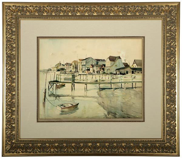 Millard Sheets (1907-1989): Balboa Island, 1931, signed and dated on original mat lower right: Jan 1931 Millard Sheets, inscribed with title on original mat lower left, watercolor on paper under glass, 16x20, est:$12,000/18,000.