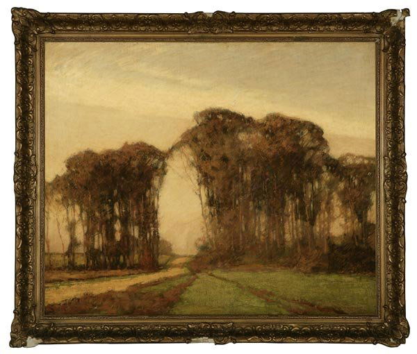 Frederick J. Mulhaupt (1871-1938): a road through an autumnal grove, 1912, signed and dated lower right: Mulhaupt 1912, oil on canvas laid to canvas, 28x34, est:$20,000/30,000. Provenance: Dr. and Mrs. Robert Schermer, Shaker Heights,
