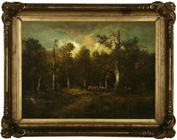 William Keith (1838-1911): The Foresters, horse team and loggers in a wooded landscape, signed lower right: W. Keith, oil on canvas laid to canvas, 26x36, est:$7000/9000. Provenance: Private collection, New York; Private collec