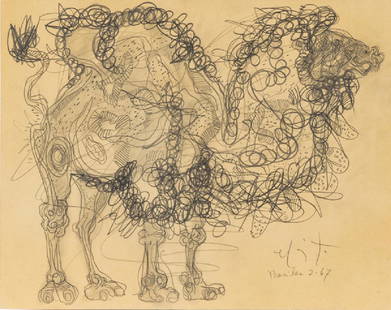 Rodolfo Nieto (1936 - 1988 Mexican): Dromedary Unframed pencil on Aussedat colored paper Signed, indistinctly inscribed and dated lower right: Nieto / 2-67, signed again verso, titled by repute Paper: 14.5" H x 18" W Provenance: Property