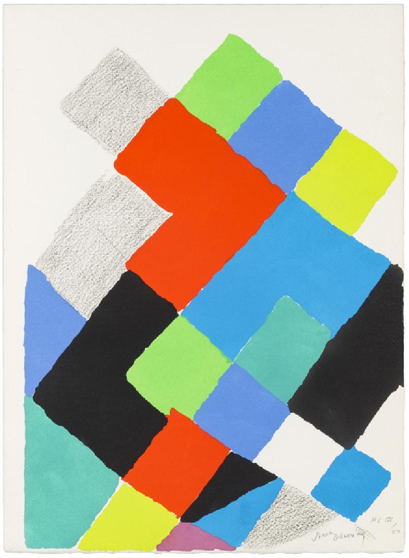 Sonia Delaunay (1885 - 1979 French): Untitled (from "Arthur Rimbaud, Les Illuminations"), 1973 Color pochoir on Arches paper under glass Edition H.C. III/XX, signed and numbered in graphite lower right: Sonia Delaunay Sheet: 15" H x 20.2