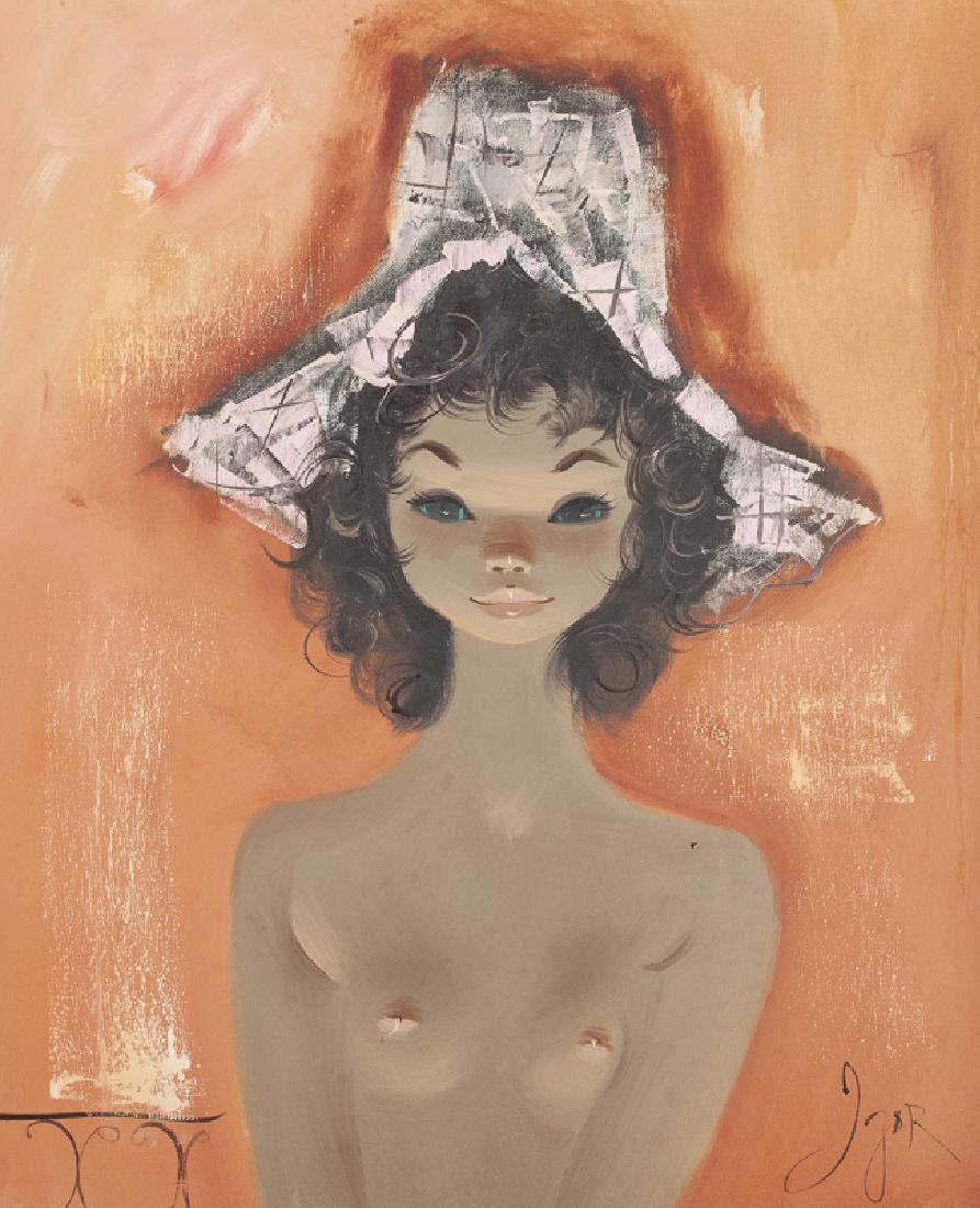 Igor Pantuhoff (1911 - 1972 Russian): Nude woman with hat Oil on canvas Signed lower right: Igor 24" H x 20" W Provenance: Private Collection, West Hollywood, CA.