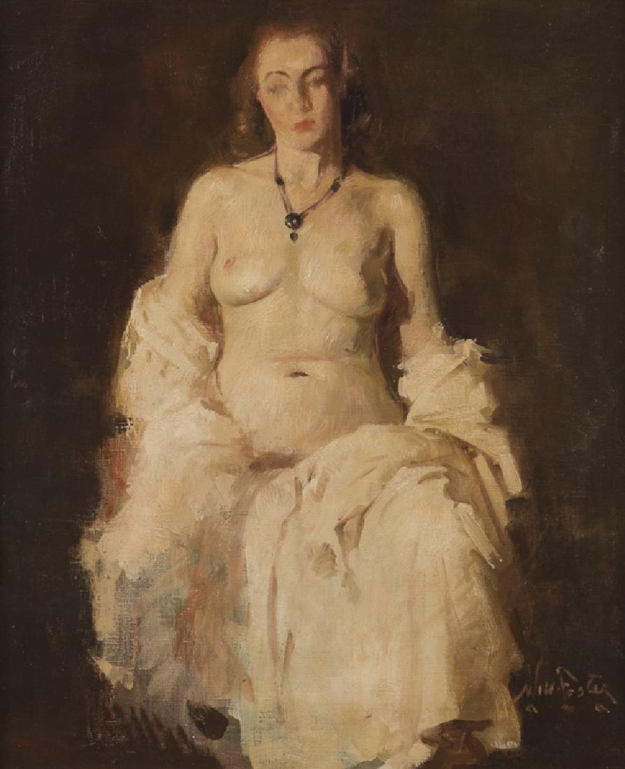 William Frederick Foster ANA (1883 - 1953 New York, NY): "The Necklace", sitting female nude Oli on canvas Signed lower right: Will Foster A.N.A. 30" H x 25" W Provenance: Private Collection, Santa Ynez, CA. Literature: P. Settecase Barton, "William Frederi