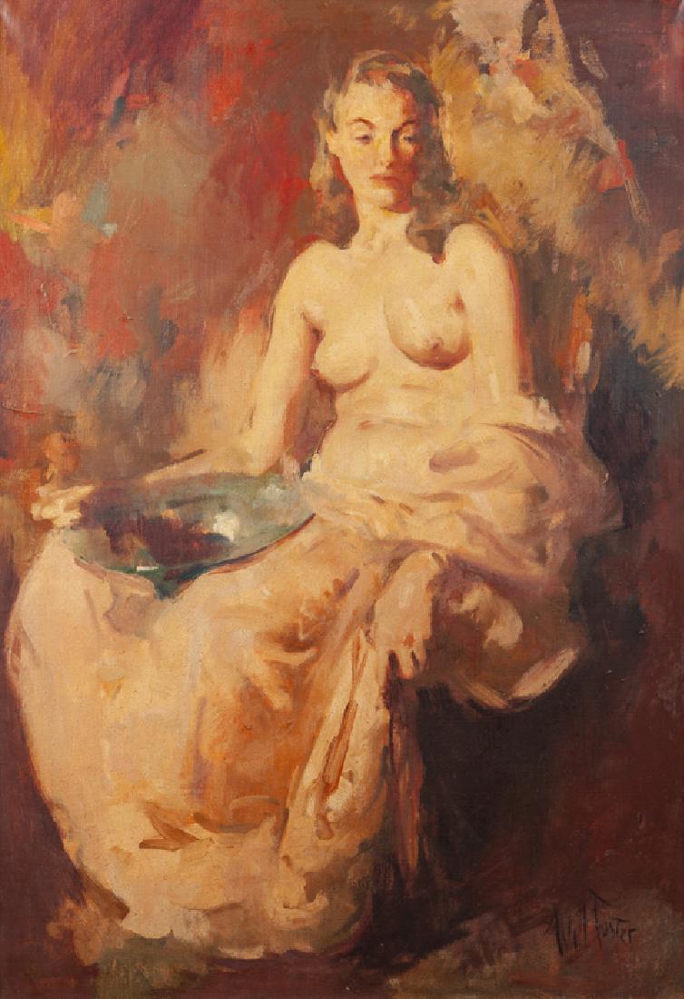 William Frederick Foster ANA (1883 - 1953 New York, NY): "Seated Lady with Green Bowl" Oil on canvas Signed lower right: Will Foster 43" H x 30" W Provenance: Private Collection, Santa Ynez, CA. Literature: P. Settecase Barton, "William Frederick Foster, A.