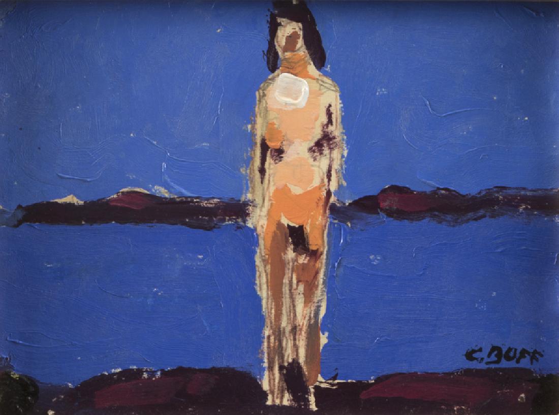 Conrad Buff (1886 - 1975 Laguna Hills, CA): Standing female nude Oil on paper mounted to board Estate signed lower right: C. Buff 4.25" H x 5.5" W Provenance: Private Collection, Beverly Hills, CA. Notes: With the estate stamp signed by Mary El