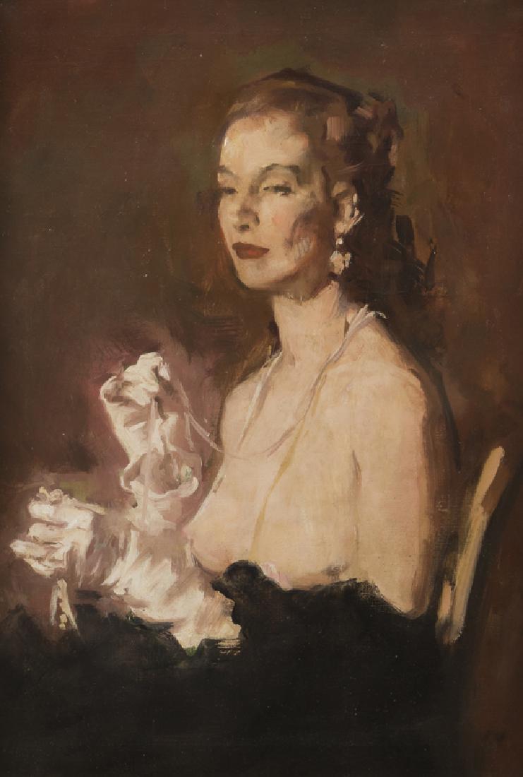 William Frederick Foster ANA (1883 - 1953 New York, NY): "Lady in Black (The Audition)", circa 1950 Oil on canvas Unsigned 30" H x 21" W Provenance: Private Collection, Santa Ynez, CA. Exhibitions: Greek Theatre, Los Angeles, CA, "Artists of the Southwest",