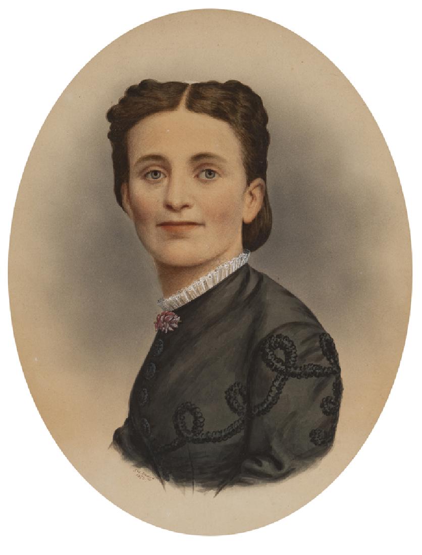 John Wood Dodge (1807 - 1893 Pomona, TN): Portrait of a woman in mourning, 1873 Watercolor on paper under glass Signed and dated lower left: J.W. Dodge 13.5" H x 10.5" W Provenance: Private Collection, San Diego, CA.