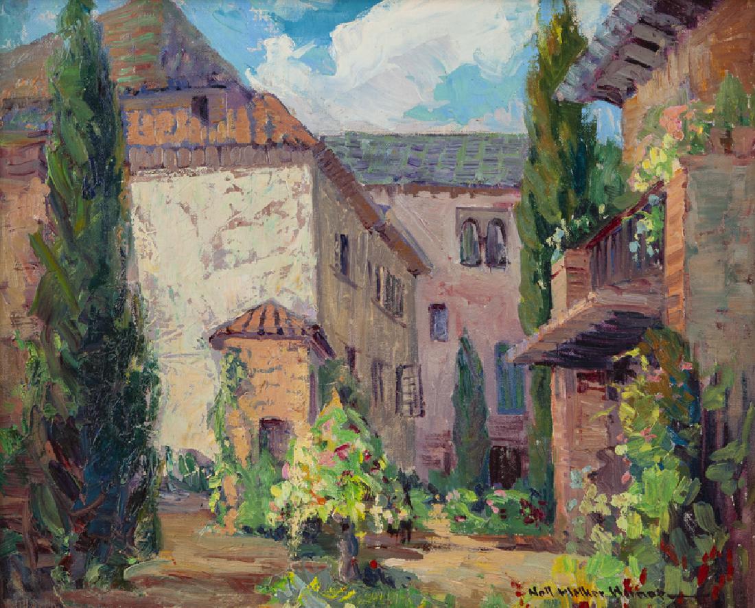 Nell Walker Warner (1891 - 1970 Carmel, CA): Mediterranean villa Oil on canvas laid to canvas Signed lower right: Nell Walker Warner 16" H x 20" W
