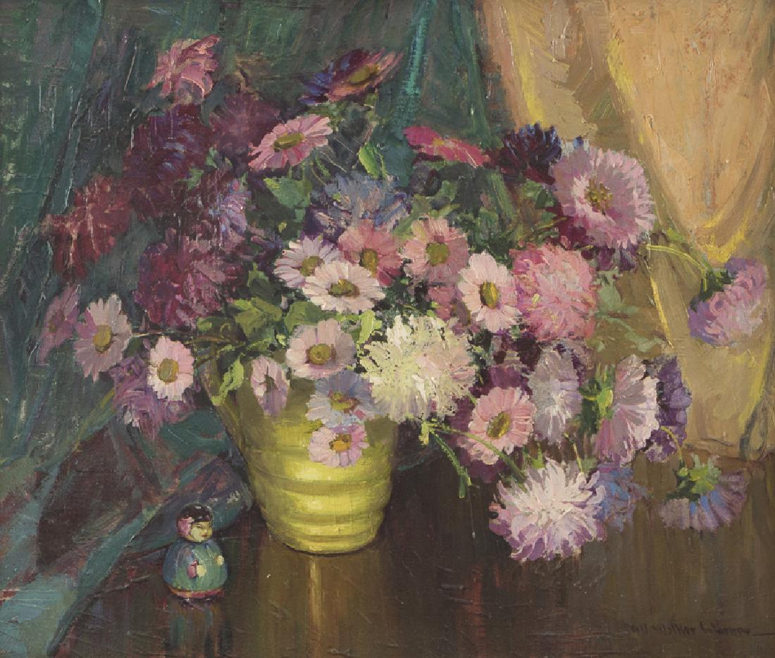 Nell Walker Warner (1891 - 1970 Carmel, CA): Zinnia floral still life Oil on canvas Signed lower right: Nell Walker Warner 20" H x 24" W