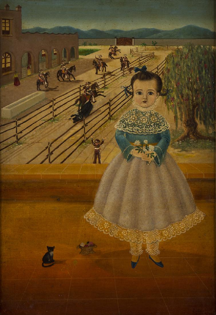 Agapito Labios (1898 - 1996 Mexican): Portrait of a girl at a ranch Oil on canvas laid to board Signed lower right: Labios 25.75" H x 17.75" W Provenance: Private Collection, Pasadena, CA.