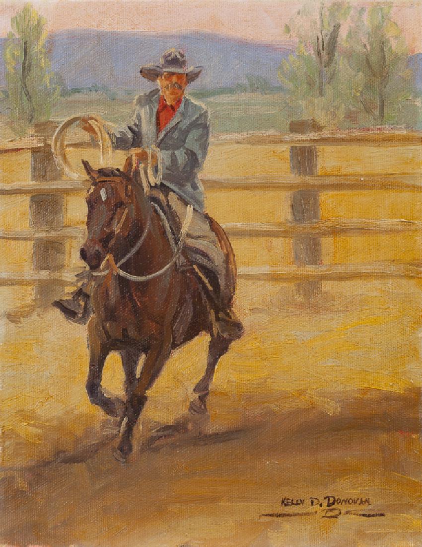 Kelly D. Donovan (20th Century Utah): "Red Shirt", cowboy on horseback Oil on canvas Signed lower right: Kelly D. Donovan and with the artist's device, titled on the stretcher 10" H x 8" W Provenance: Private Collection, Prescott, AZ.