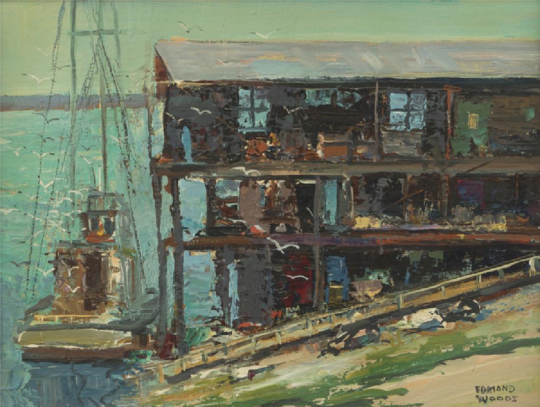Edmond Francis Woods (1905 - 1990 California): "The Ole Cannery, Morro Bay" Oil on masonite Signed lower right: Edmond Woods, titled on an artist's label affixed verso 18" H x 24" W