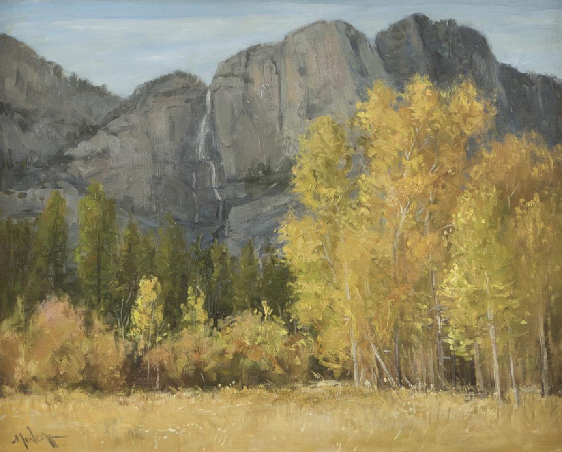John Modesitt (1955 - * Solana Beach, CA): Waterfall with aspens Oil on canvas Signed lower left: Modesitt 16" H x 20 " W