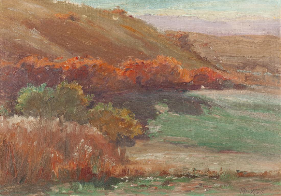 Hanson Duvall Puthuff (1875 - 1972 Corona Del Mar, CA): Sunset hills Oil on canvasboard Signed lower right: H. Puthuff 10" H x 14" W Provenance: Private Collection, Fullerton, CA.