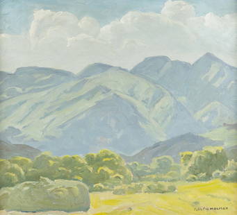 Ralph Holmes (1876 - 1963 San Luis Obispo, CA): Rolling hills Oil on masonite Signed lower right: Ralph Holmes 18" H x 20" W Provenance: Private Collection, Fullerton, CA. Exhibitions: Muckenthaler Cultural Center Foundation, Fullerton, CA, "The Ca