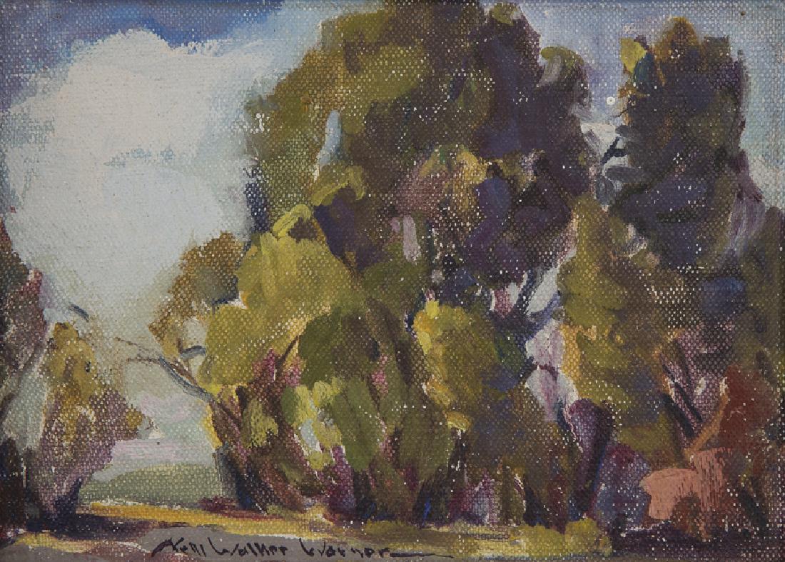 Nell Walker Warner (1891 - 1970 Carmel, CA): "Trees", small eucalyptus grove Oil on canvasboard Signed lower left: Nell Walker Warner, signed again, titled and numbered on the backing board verso: #1 5" H x 7" W Provenance: Private Collection, F