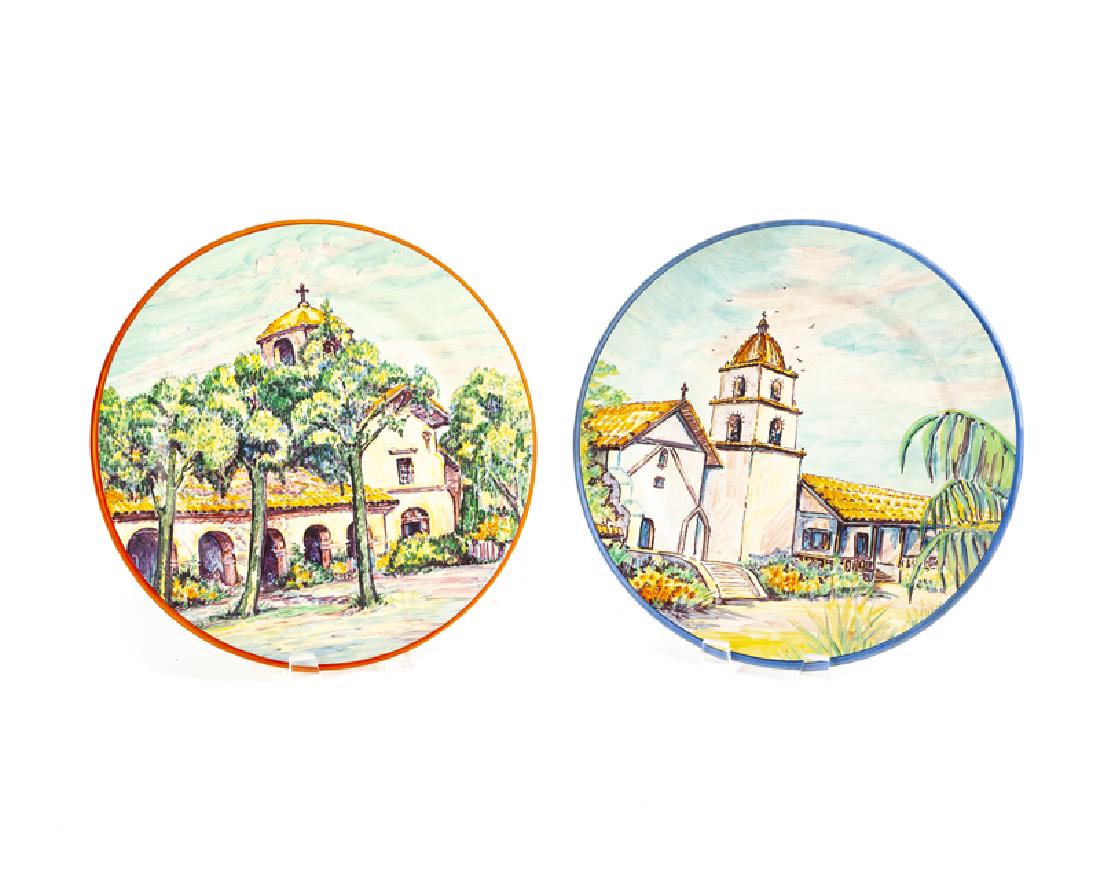 A pair of California Misson plates, Catalina Pottery: 1927-1937, Catalina Island, CA Each stamped: Catalina Island; each signed for artist Francis M. Graham and titled Comprising a plate depicting Mission San Juan Batista (1.125" x 12.5" Dia.) and a plat