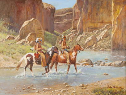 Paul Abram Jr. (1933 - 2005 Scottsdale, AZ): "Canyon Crossing", Native Americans on horseback Oil on canvas Signed lower right: Paul Abram Jr., titled on a gum label affixed verso 14" H x 18" W Provenance: Private Collection, Newcastle, CA.