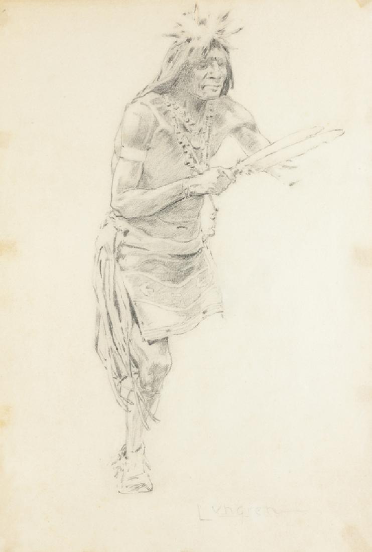 Fernand Lungren (1857 - 1932 Santa Barbara, CA): Dancing Native American Graphite on paper under glass Signed lower right: Lungren Sight: 16.75" H x 11.25" W Provenance: Collection of Earl C. Adams, San Marino, CA; through descent to the present own