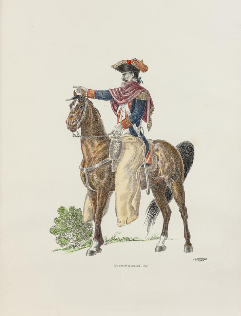 Jose Cisneros (1910 - 2009 El Paso, TX): "Don Gaspar De Portola - 1769" Watercolor and ink on Strathmore paper under glass Signed and inscribed lower right: J. Cisneros / El Paso, titled lower center Sight: 17.5" H x 14" W Provenance: Collec