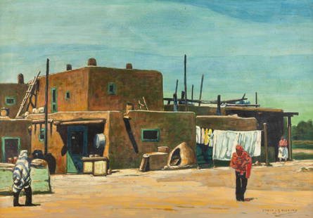 Frank J. Gavencky (1888 - 1966 Ramona, CA): Adobe scene with figures Mixed media on board under glass Signed lower right: Frank J. Gavencky Sight: 13.5" H x 19.5" W Provenance: Sold, John Moran Auctioneers, Pasadena, CA, June 19, 2001, Lot 167A