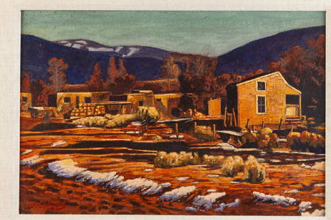 Frank J. Gavencky (1888 - 1966 Ramona, CA): "Twilight, Taos, New Mexico", ranch scene Oil on board Signed lower left: Frank J. Gavencky, titled verso 14" H x 20.5" W Provenance: Private Collection, Encino, CA.