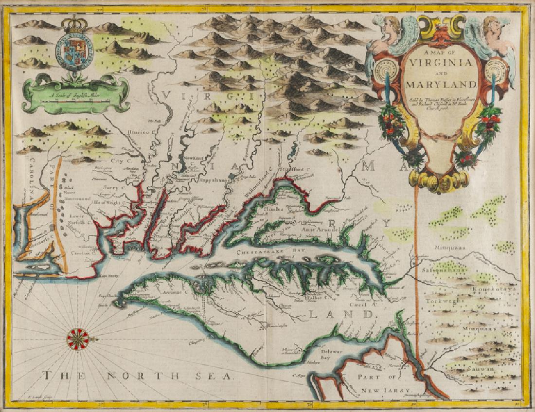 A map of Virginia and Maryland, engraved by Francis: Hand-colored etching on paper under glass Image: 14.75" H x 19.25" W Notes: Sold by Thomas Basset in Fleet Street and Richard Chiswell in St. Pauls Churchyard; London.