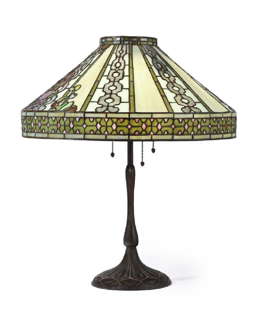 A Handel bronze lamp base with leaded glass shade (1 of 2)