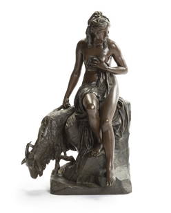 After Pierre Julien (1731 - 1804 French): Nymph Amalthea with her goat Dark brown patinated bronze Apparently unsigned 33" H x 21" W x 15" D