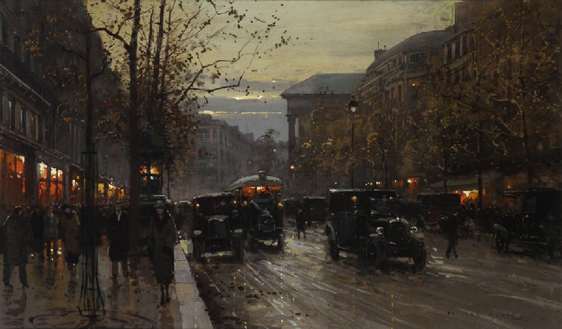 Edouard Leon Cortes (1882 - 1969 French): "Rue a des Capucine - La Madaleine" Oil on canvas Signed lower right: Edouard Cortes, titled on the stretcher 18" H x 29.5" W