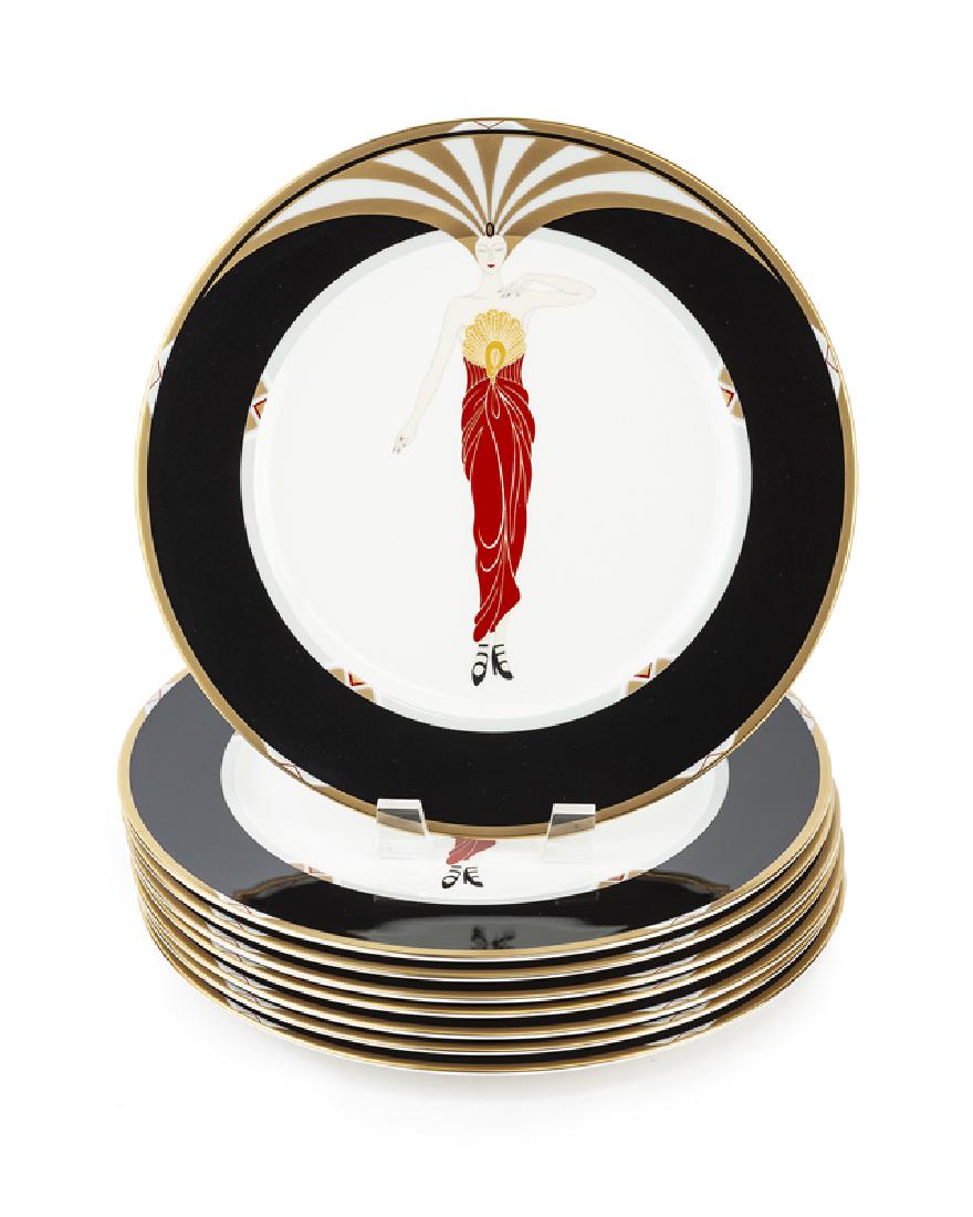 Eight Erte ''Le Soleil'' service plates, Mikasa: Fourth quarter 20th century Each signed and titled verso: Erte / Le Soleil Ebony / A3049 / 1985 / Bone China / Japan Each depicting a woman wearing a sunburst hat on white ground with black rim, each