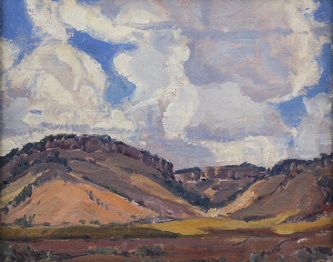 Paul Lauritz (1889 - 1975 Glendale, CA): Atmospheric rolling hills landscape Oil on canvasboard Signed lower left: Paul Lauritz 12" H x 15" W