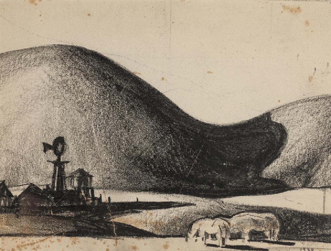 Millard Owen Sheets NA (1907 - 1989 Gualala, CA): Farm and horses in a rolling hills landscape, 1930 Crayon on paper under glass Unsigned, dated lower right Sight: 6" H x 8" W Provenance: Estate of Millard Sheets. Thence by descent through the family
