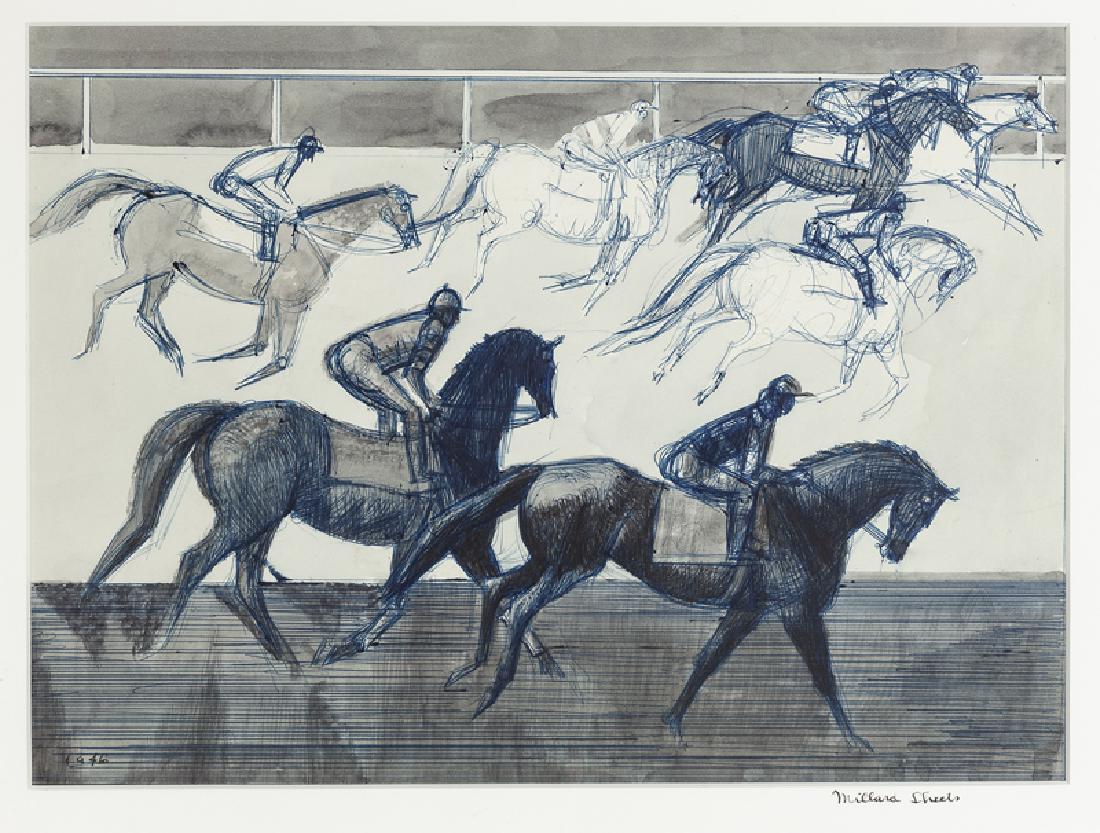 Millard Owen Sheets NA (1907 - 1989 Gualala, CA): Jockeys and horses, 1946 Blue ballpoint pen and watercolor on paper under glass Signed on overmat lower right: Millard Sheets, dated lower left Sight: 9.5" H x 13" W Provenance: Estate of Millard Shee